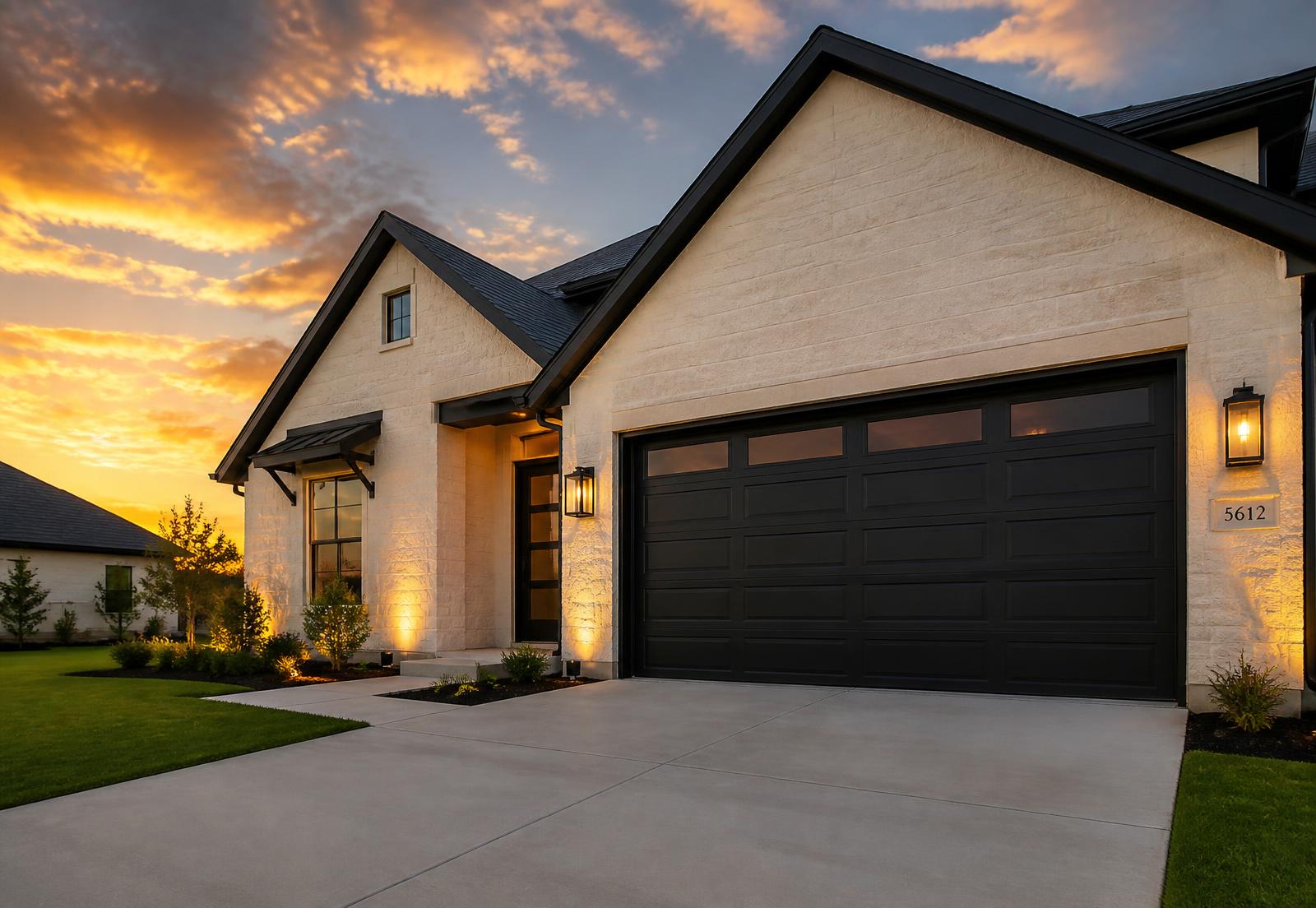 Modern Texas home with a new dark garage door at sunset