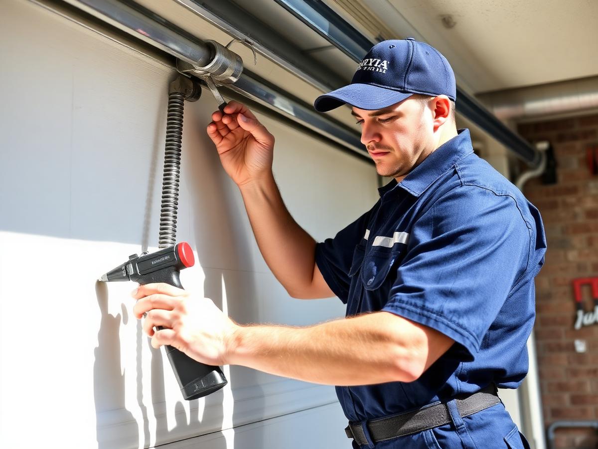 TexPrime technician repairing a garage door spring